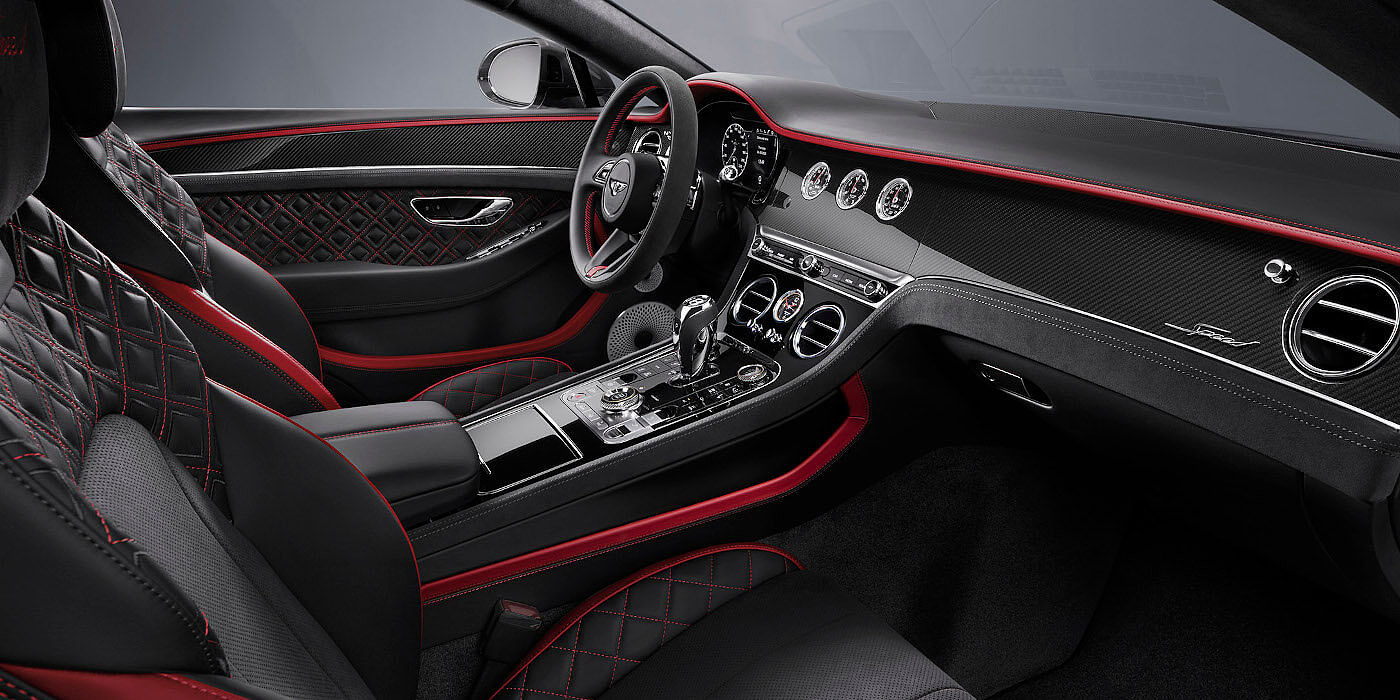Exclusive Cars Vertriebs GmbH Bentley Continental GT Speed coupe front interior in Beluga black and Hotspur red hide