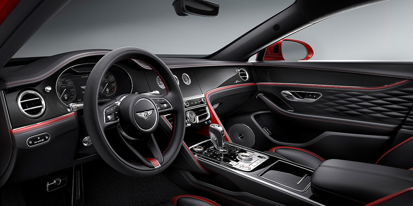 Exclusive Cars Vertriebs GmbH Bentley Flying Spur Speed sedan front interior in Beluga black and Cricket Ball red hide