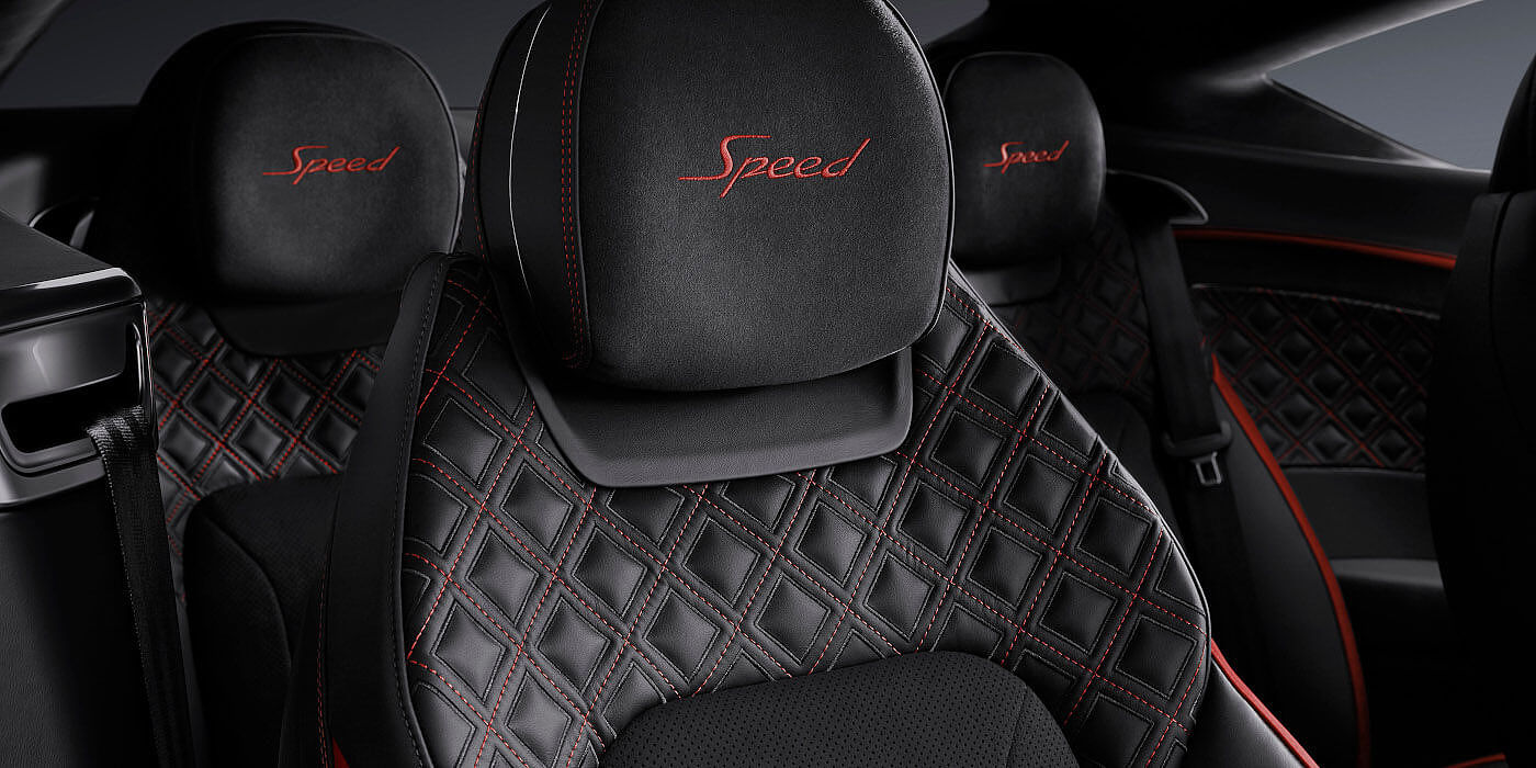 Exclusive Cars Vertriebs GmbH Bentley Continental GT Speed coupe seat close up in Beluga black and Hotspur red hide