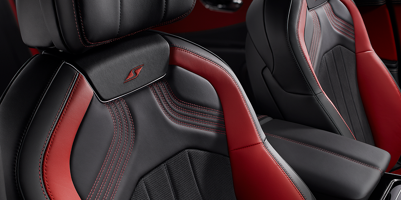 Exclusive Cars Vertriebs GmbH Bentley Flying Spur S seat in Beluga black and \hotspur red hide with S emblem stitching