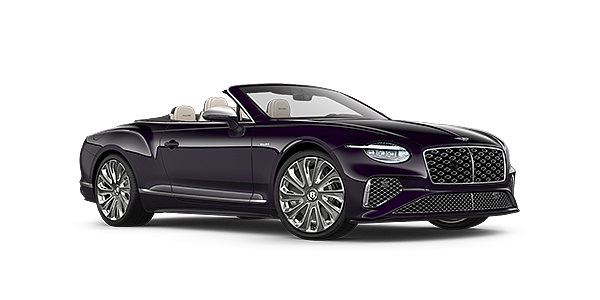 Exclusive Cars Vertriebs GmbH Bentley New Continental GTC Mulliner convertible front three quarter view in Damson paint with 22 inch Mulliner painted and polished wheel