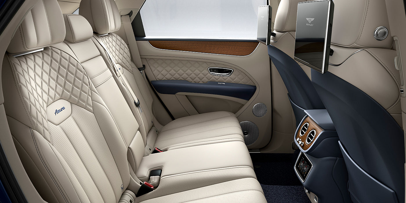 Exclusive Cars Vertriebs GmbH Bentley Bentayga Azure SUV rear interior in Imperial Blue and Linen hide