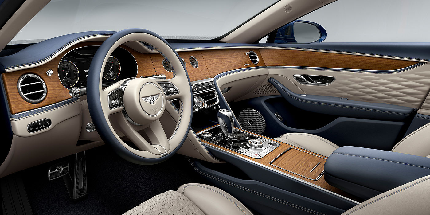 Exclusive Cars Vertriebs GmbH Bentley Flying Spur Azure sedan front interior in Imperial Blue and Linen hide