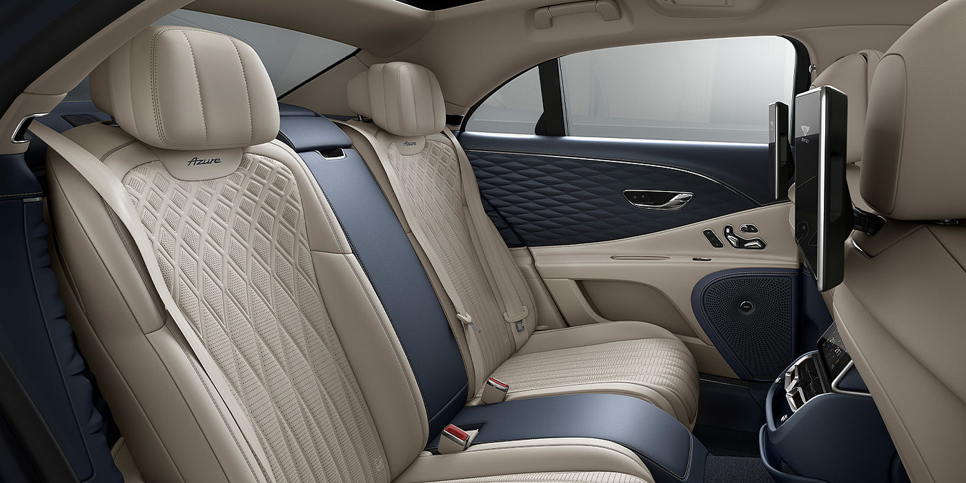 Exclusive Cars Vertriebs GmbH Bentley Flying Spur Azure sedan rear interior in Imperial Blue and Linen hide
