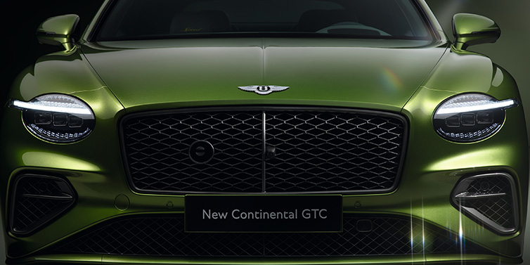 Exclusive Cars Vertriebs GmbH Bentley Continental GTC Speed convertible front bonnet detail in Tourmaline Green paint showing new light design