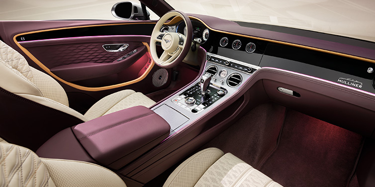 Exclusive Cars Vertriebs GmbH Bentley Continental GTC Mulliner convertible front interior including Linen and Damson purple hides and Grand Black veneer